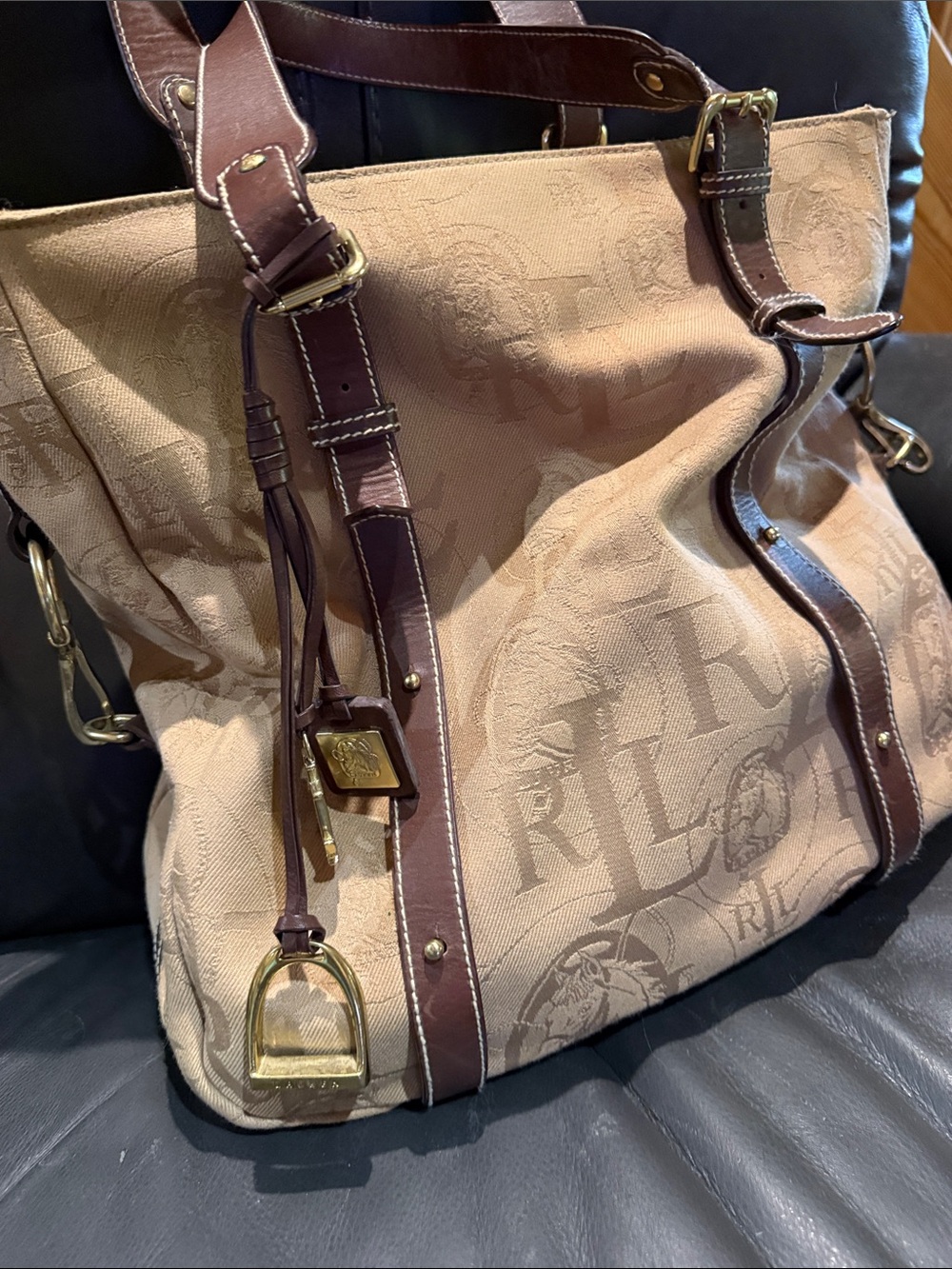 Ralph Lauren Beige Jacquard Tote with Brown Leather Trim
